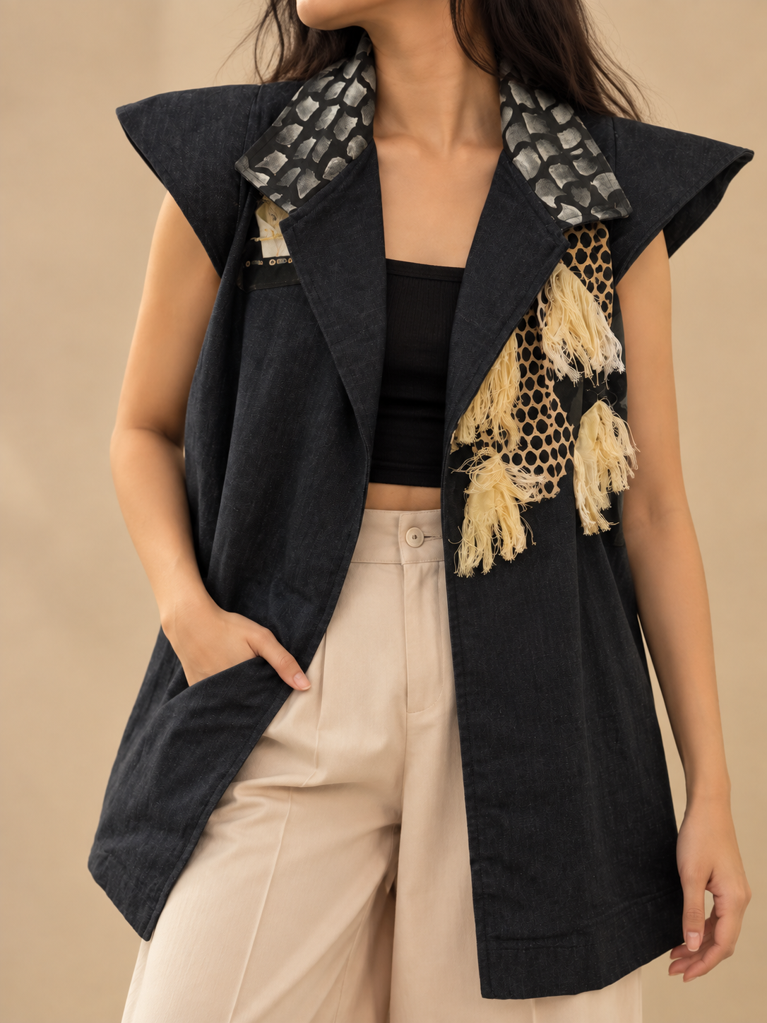 AGAW PANSIN CAPE TRENCH IN DENIM WITH BEADWORKS and TASSEL