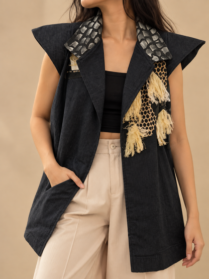 AGAW PANSIN CAPE TRENCH IN DENIM WITH BEADWORKS and TASSEL