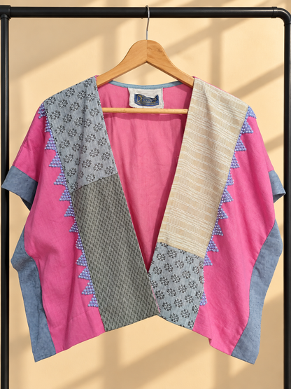 HERITAGE PONCHO IN MIXED PINK WITH MULTI PATTERN WEAVE