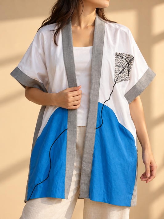 GLAMOROSA COVER UP IN WHITE LINEN WITH SARANGGOLA ACCENT AND BEADWORKS