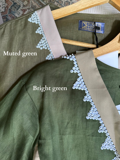 Hayahay Linen Button Down Cover-Up with Tboli Embroidery and Deep Pockets in Green