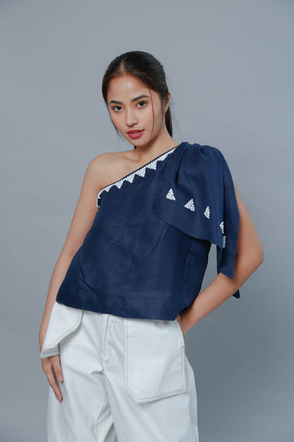 Gabriela Blouse with Huge Ribbon Accent in Blue Linen