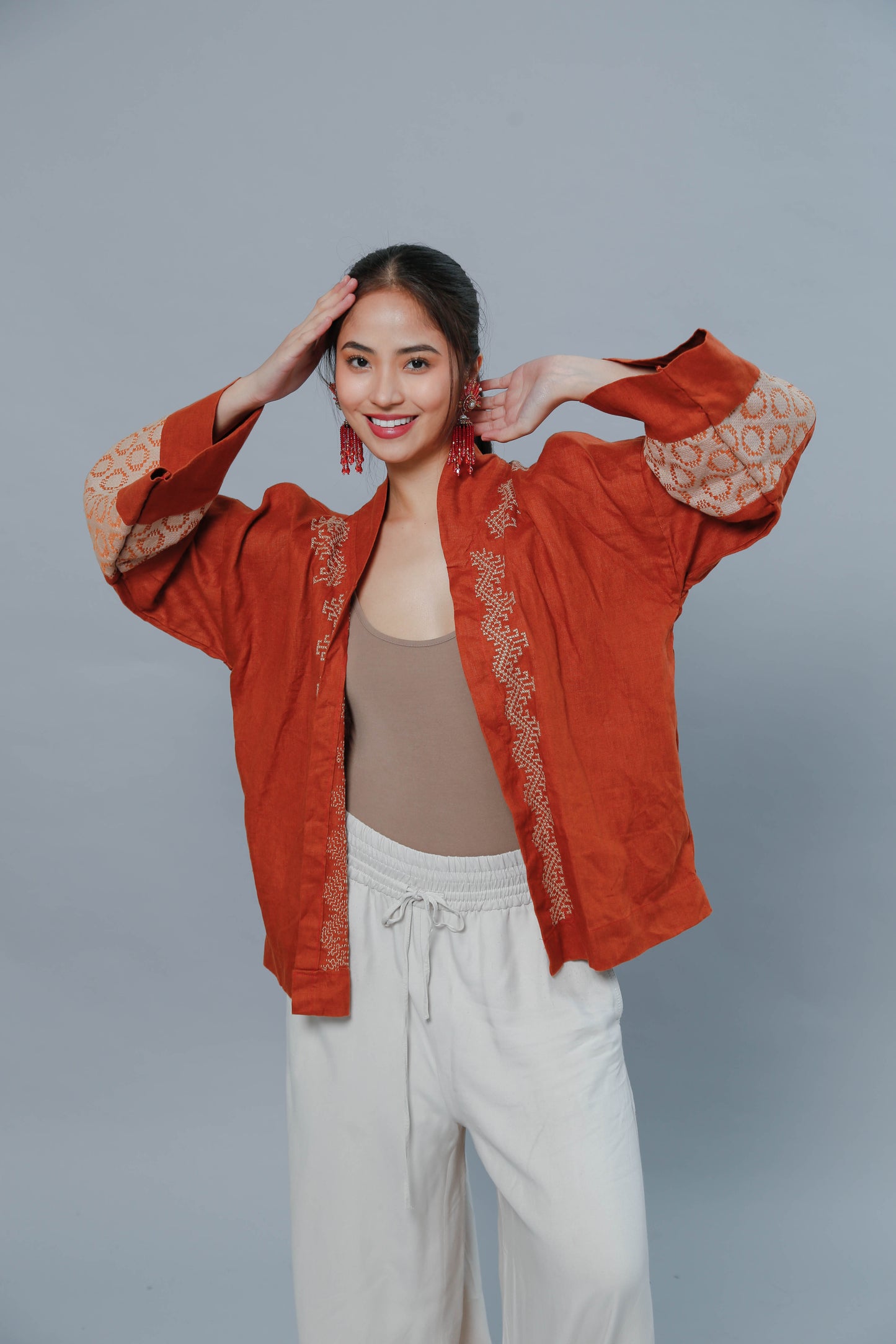 Burnt Orange Linen Kimono Poncho with T'boli Hand Embroidery