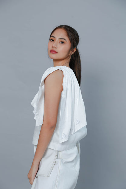 Gabriela Blouse with Huge Ribbon Accent in White Linen