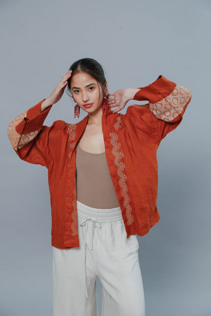 Burnt Orange Linen Kimono Poncho with T'boli Hand Embroidery