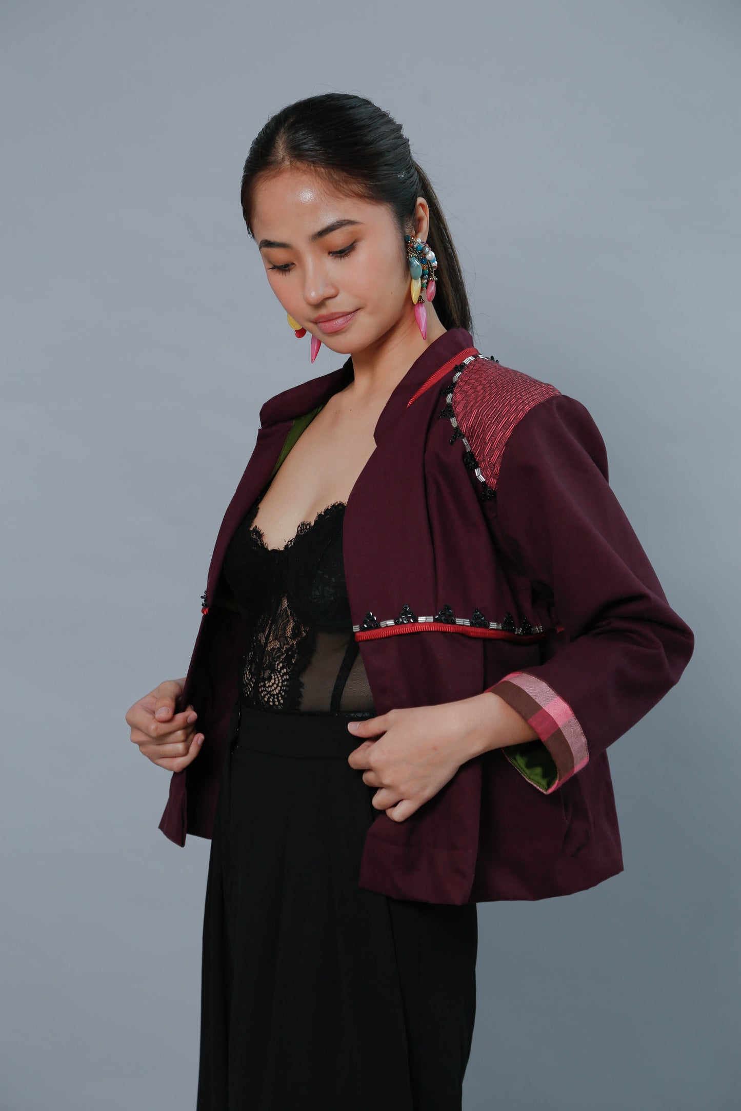 Burgundy Crop Kimono with Binakol Weave and Hand Embroidery