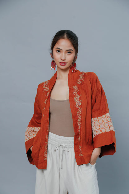 Burnt Orange Linen Kimono Poncho with T'boli Hand Embroidery