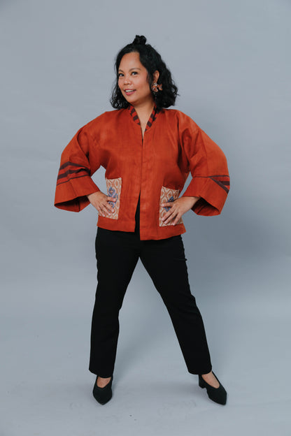 Premium Linen Kimono Poncho in Burnt Orange with t'boli Hand Embroidery