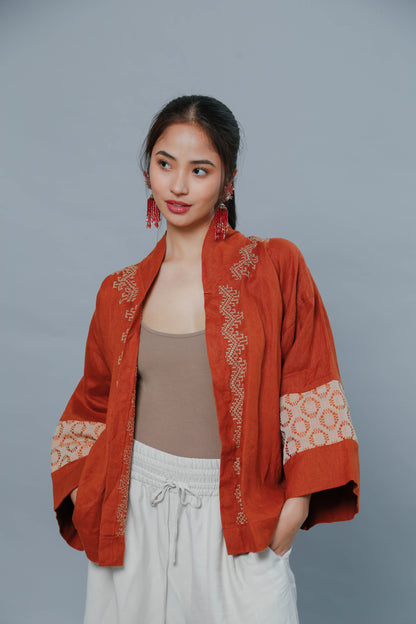 Burnt Orange Linen Kimono Poncho with T'boli Hand Embroidery