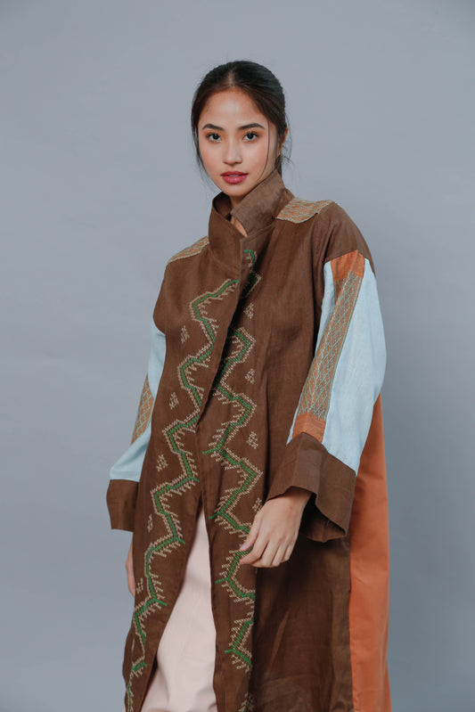 Premium Linen Trench Coat  Poncho with Exquisite Tboli Embroidery