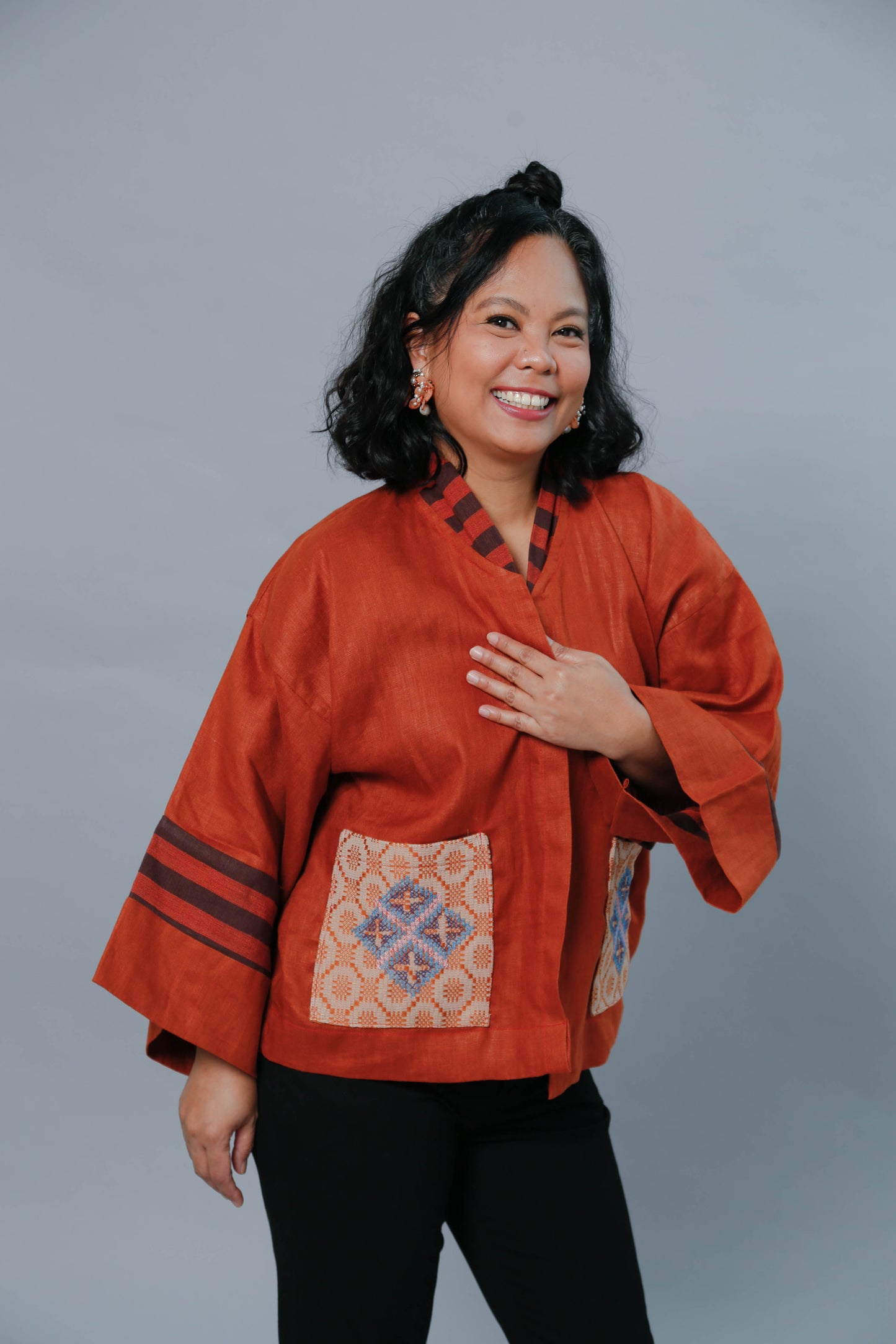 Premium Linen Kimono Poncho in Burnt Orange with t'boli Hand Embroidery