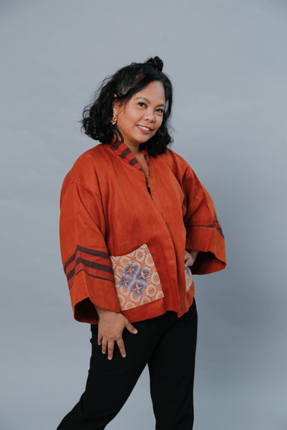 Premium Linen Kimono Poncho in Burnt Orange with t'boli Hand Embroidery