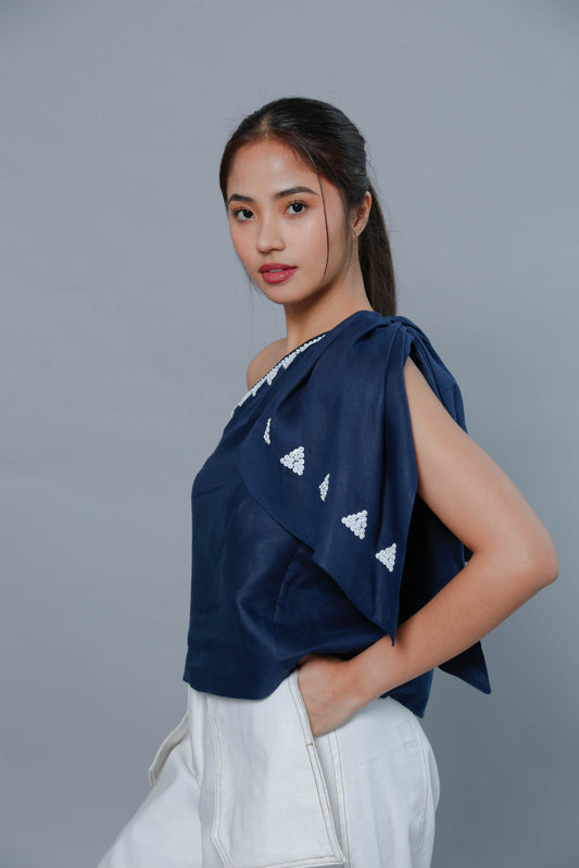 Gabriela Blouse with Huge Ribbon Accent in Blue Linen