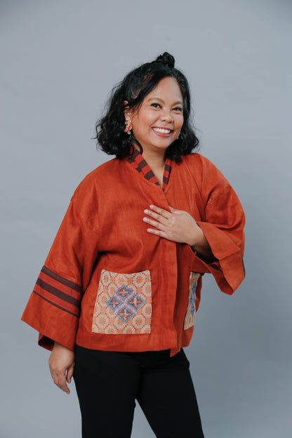 Premium Linen Kimono Poncho in Burnt Orange with t'boli Hand Embroidery