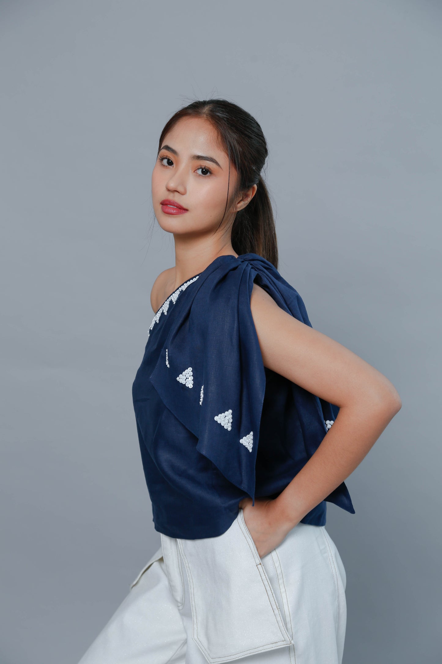 Gabriela Blouse with Huge Ribbon Accent in Blue Linen