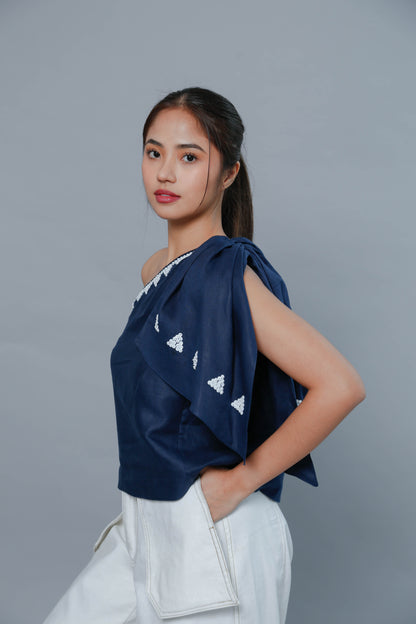 Gabriela Blouse with Huge Ribbon Accent in Blue Linen