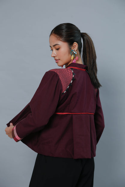 Burgundy Crop Kimono with Binakol Weave and Hand Embroidery