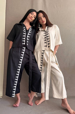 Lakwatsa Linen Coords Top and Pants with Hand Embroidery in Neutrals