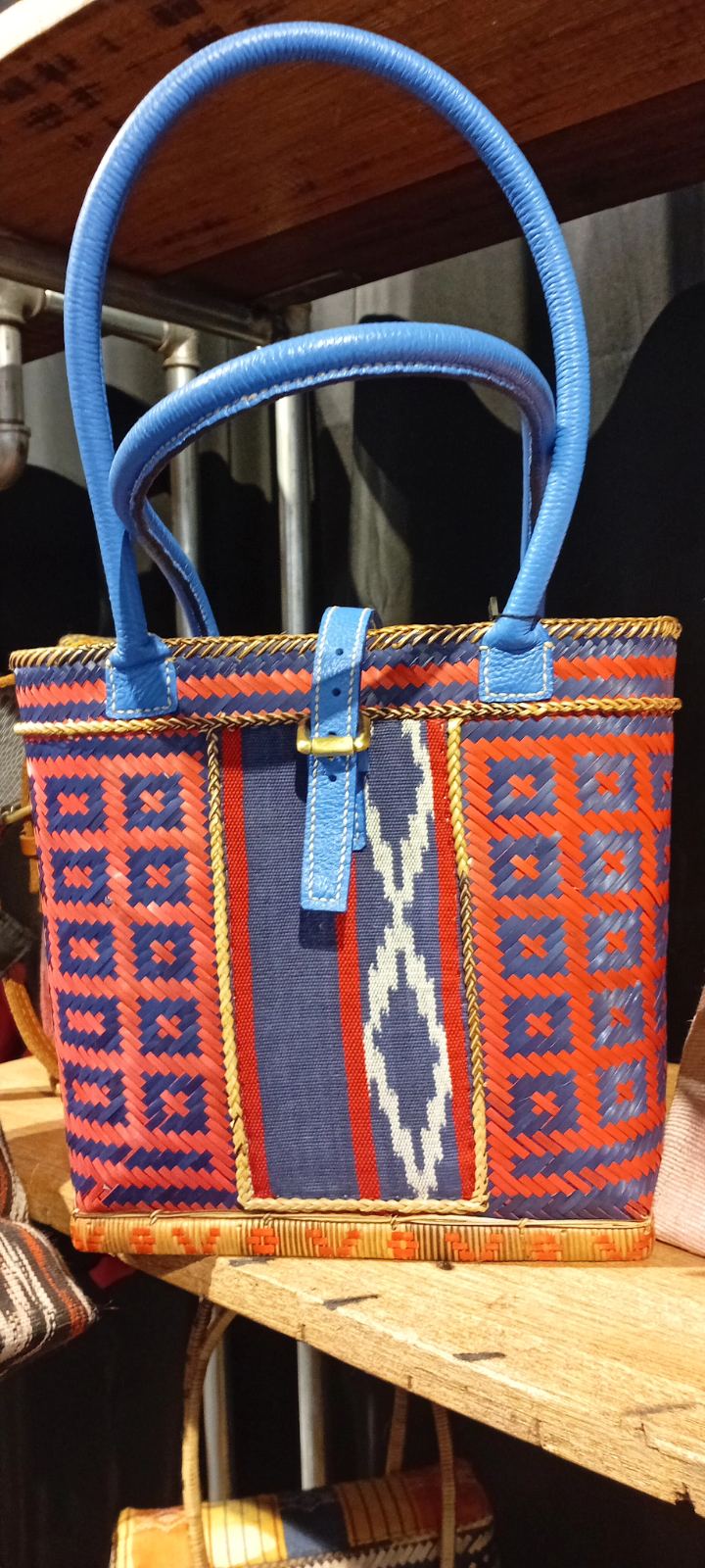 Hand dyed Bamboo Bag by the Teduray Tribe of South Cotabato with Cow Leather, Handsewn Handle with Ikat and Kalinga Weave of Cordillera
