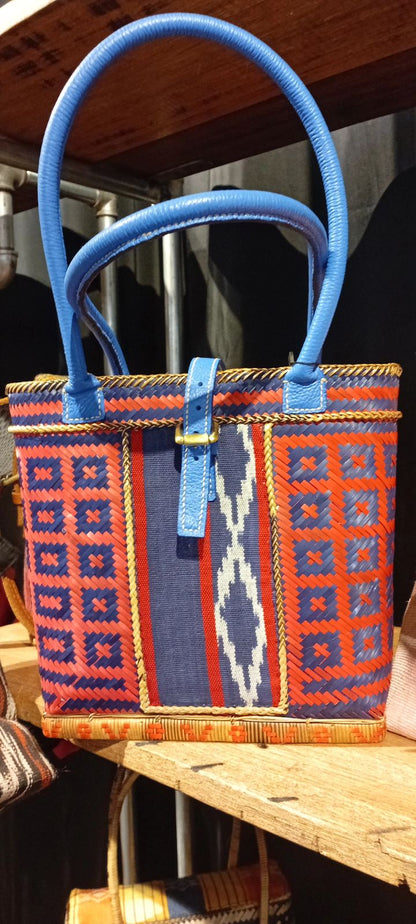 Hand dyed Bamboo Bag by the Teduray Tribe of South Cotabato with Cow Leather, Handsewn Handle with Ikat and Kalinga Weave of Cordillera