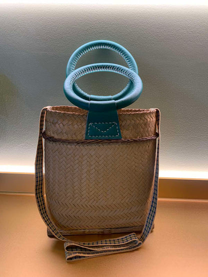 Mangyan Basket Bag with Handsewn Leather Handle and Kalinga Straps
