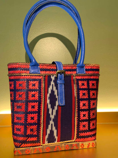 Hand dyed Bamboo Bag by the Teduray Tribe of South Cotabato with Cow Leather, Handsewn Handle with Ikat and Kalinga Weave of Cordillera