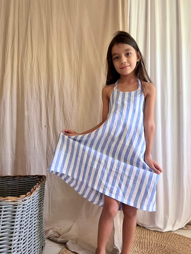 Mirabel Blue Stripes Linen Dress for Girls