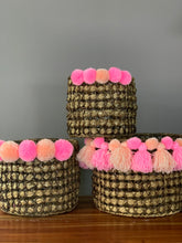 Load image into Gallery viewer, Set of 3 Bancuan Planter/Organizer Baskets with Pompoms Set B