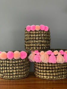 Set of 3 Bancuan Planter/Organizer Baskets with Pompoms Set B