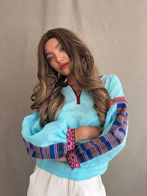 Himig Aqua Blue Linen Top in Balud Weave of Marawi