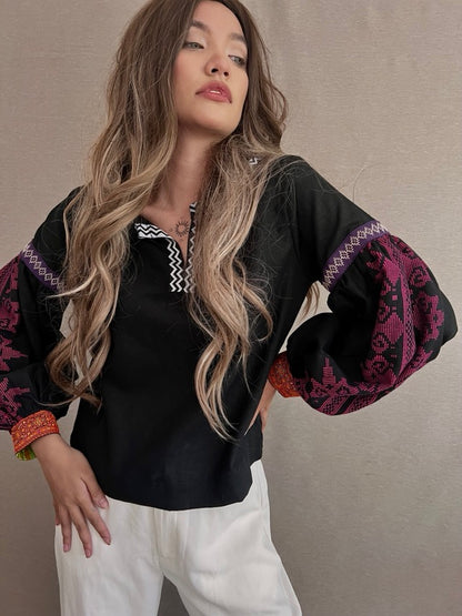 Himig  Black Linen Top in Inaul Weave