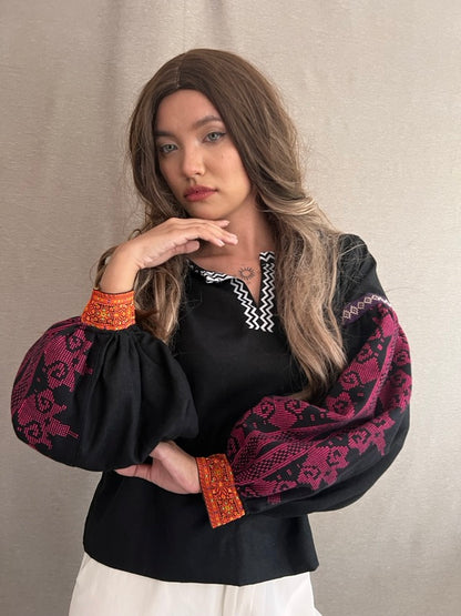 Himig  Black Linen Top in Inaul Weave