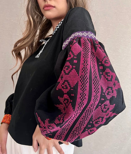 Himig  Black Linen Top in Inaul Weave
