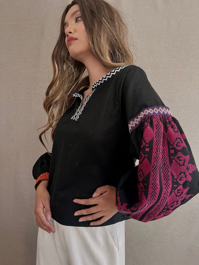 Himig  Black Linen Top in Inaul Weave